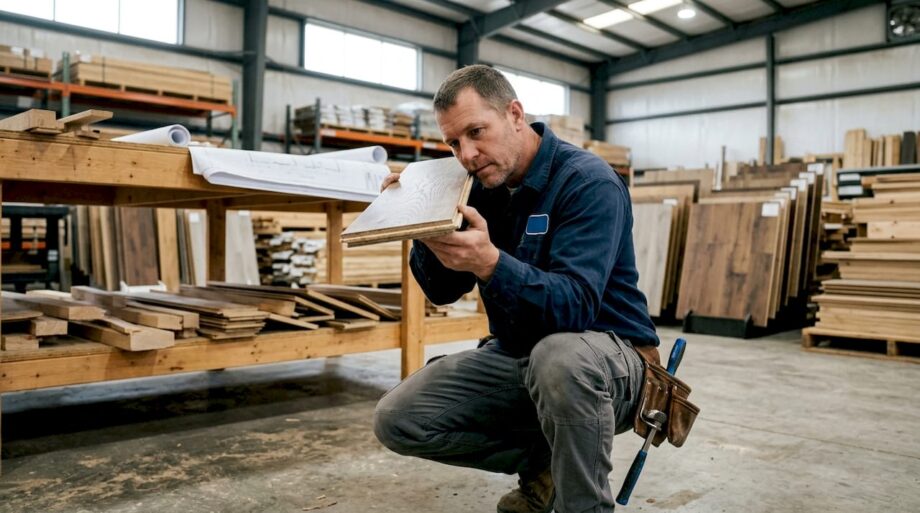 Installer examining engineered flooring plank close-up