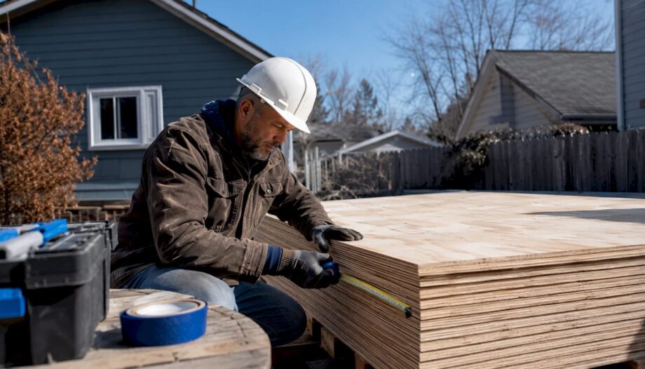 Contractor inspecting plywood on roof deck